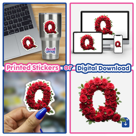 Elegant Floral Letter Q Clipart - Downloadable Sticker with Commercial Rights; collage includes a laptop with the sticker applied and a close-up of the sticker displaying intricate rose designs.