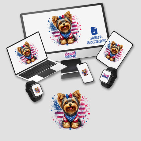 Patriotic Yorkie dog with American flag splatter digital artwork