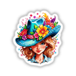 Stylish Flower Cowgirl Sticker - Bohemian Kawaii Western-Inspired Design featuring a cartoon woman in a floral hat. Available as stickers or digital artwork.