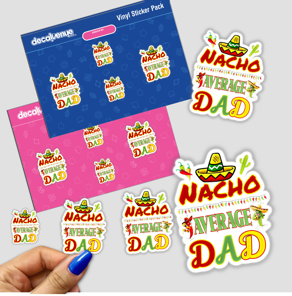 Cinco de Mayo Dad sticker featuring a hat, cactuses, and chili peppers, held in a hand. Available as stickers or digital artwork from Decal Venue.