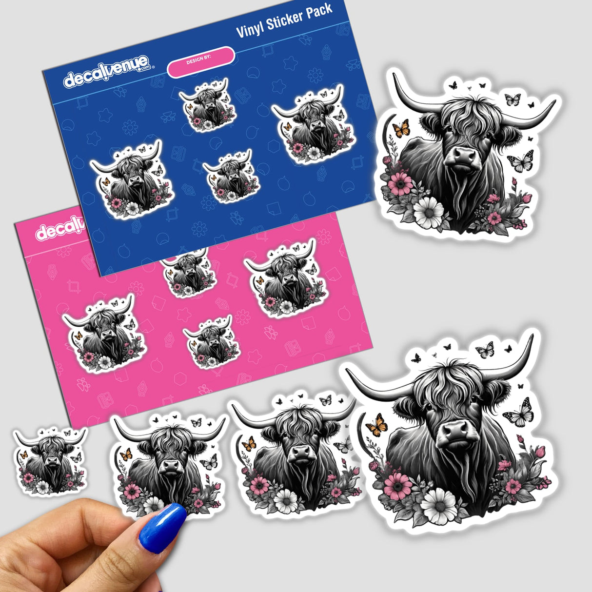 Highland Cow Floral Accents PA02 sticker featuring a cow with horns adorned with flowers and butterflies. Available as stickers or digital artwork from Decal Venue.