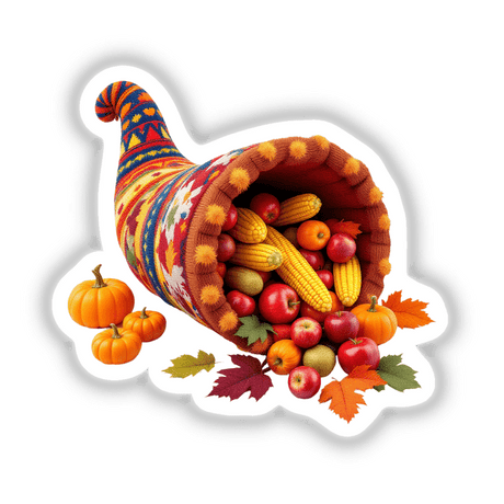 Autumn Harvest Festival Cornucopia Horn of Plenty featuring a bountiful array of fruits and vegetables, available as stickers or digital artwork, showcasing nature's abundance in a decorative display.