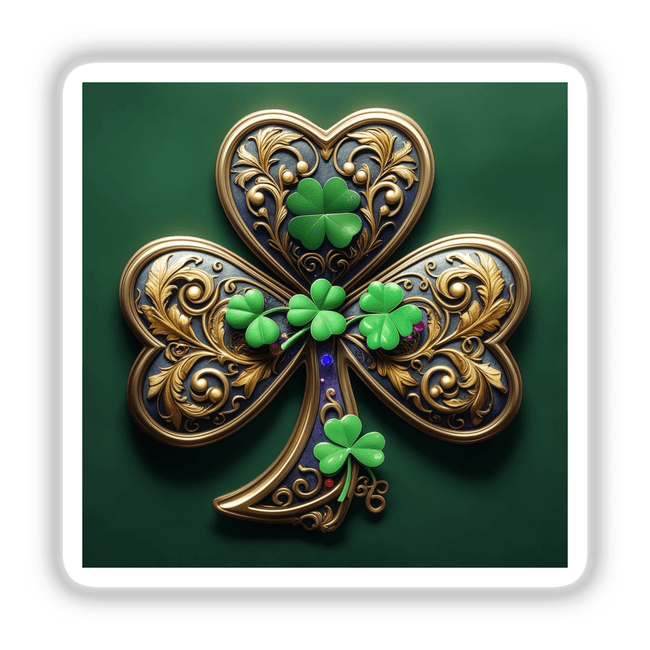 Luxurious Ornate Shamrock with Golden Filigree and Gem Accents, available as stickers or digital artwork, featuring intricate design elements showcasing a four-leaf motif, ideal for embellishing personal items.