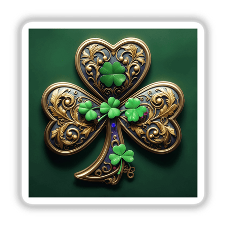 Luxurious Ornate Shamrock with Golden Filigree and Gem Accents, available as stickers or digital artwork, featuring intricate design elements showcasing a four-leaf motif, ideal for embellishing personal items.