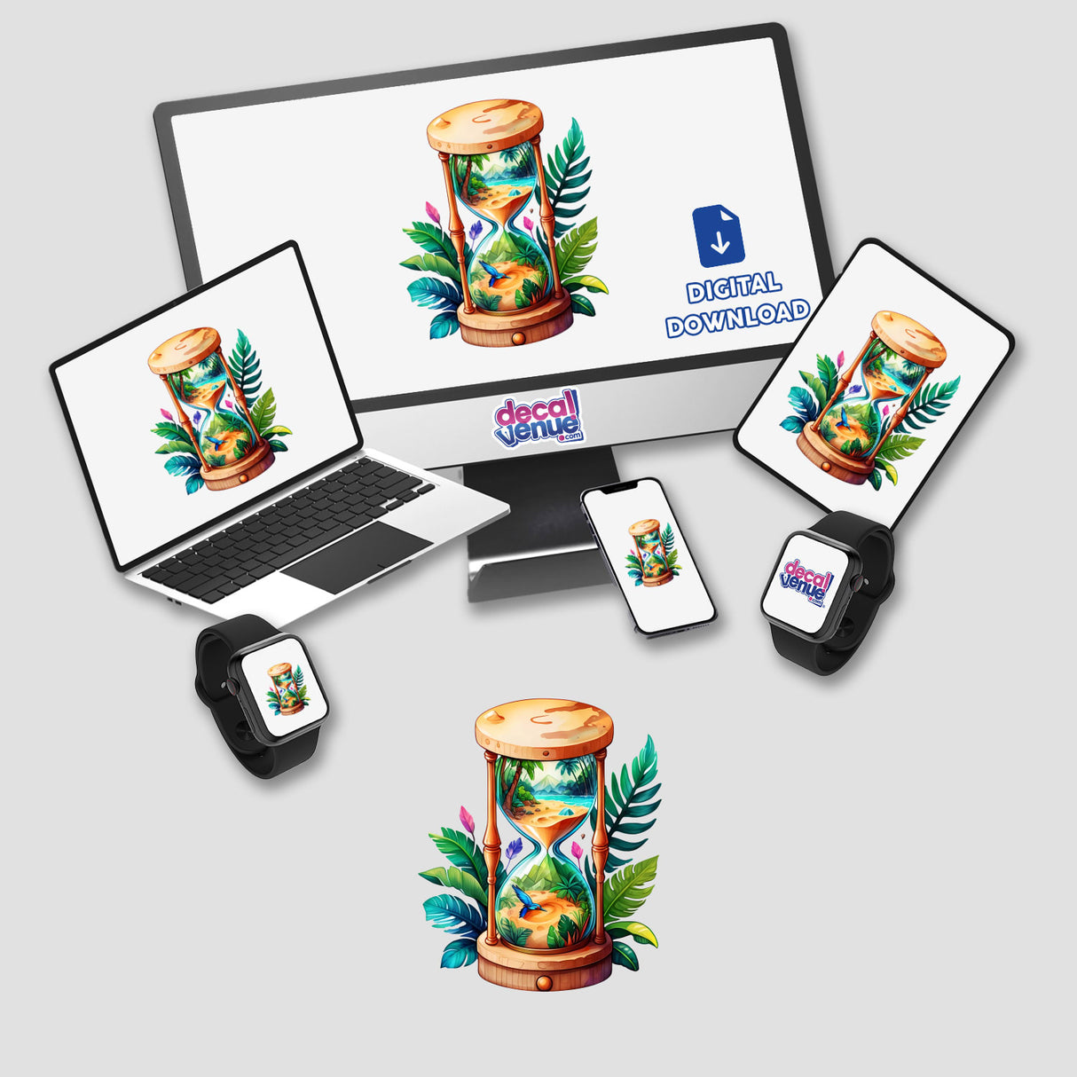 Tropical Hourglass Sticker showcases sand, palms, and colorful ocean art on a computer monitor and laptop, perfect as a digital artwork or sticker from Decal Venue.