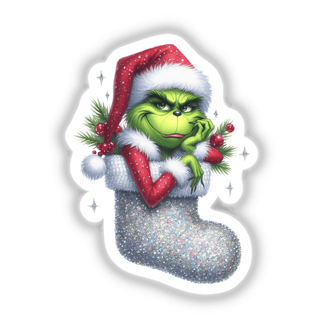 Green Grouch Santa in Sparkly Christmas Stocking, featuring a cartoon Grinch wearing a Santa hat inside a festive stocking. Available as stickers or digital artwork from Decal Venue.