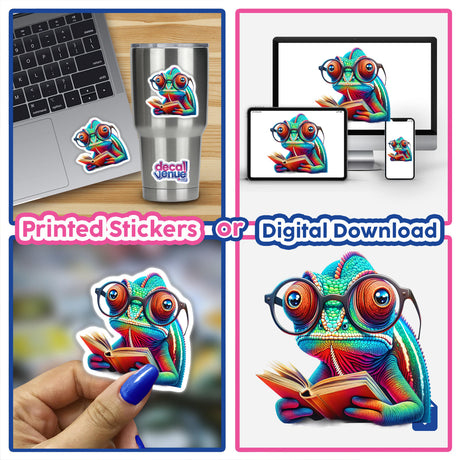 Chameleon With Reading Glasses Open Book sticker features a cartoon chameleon engrossed in a book, perfect as a vibrant vinyl sticker or digital artwork from Decal Venue.