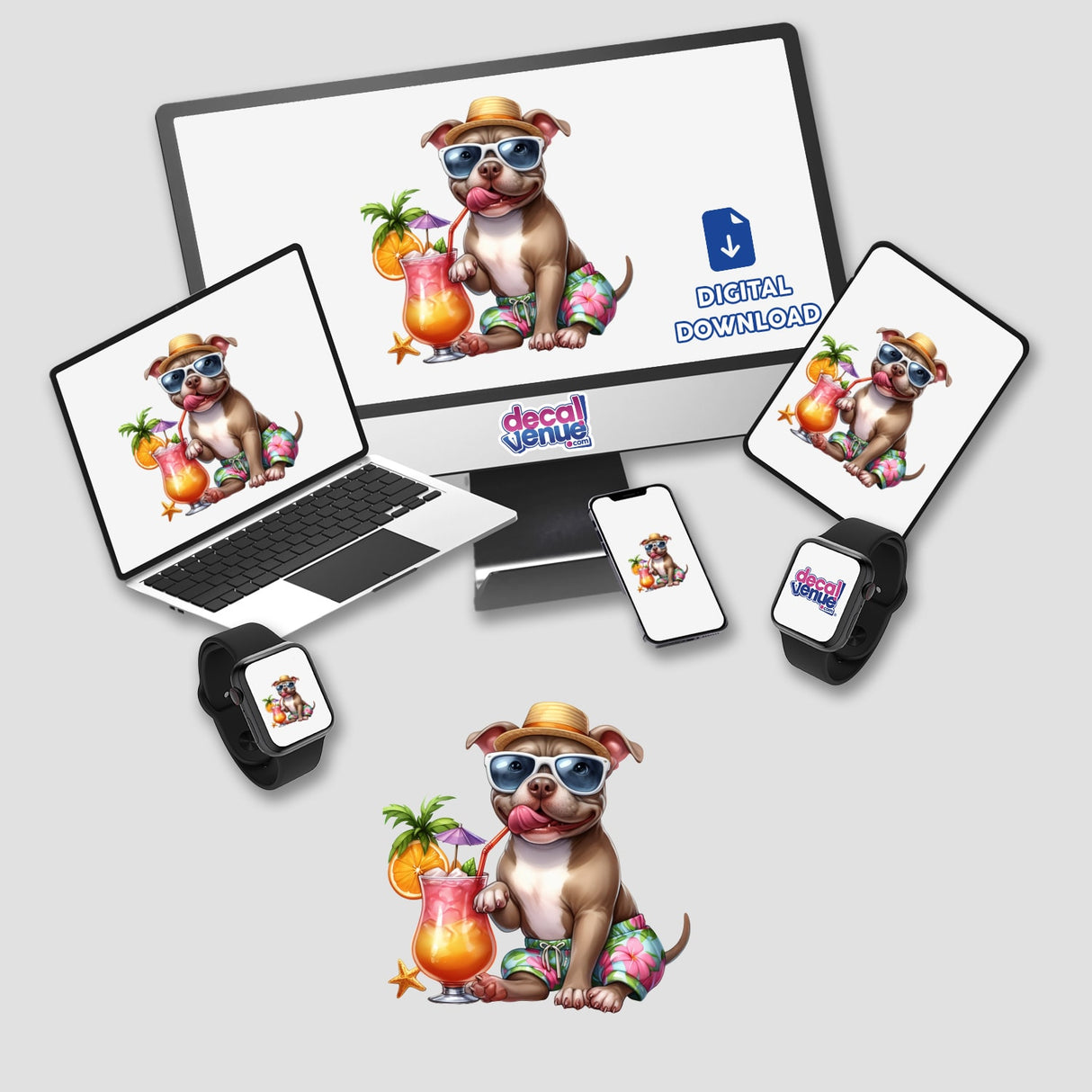 Cheerful Pitbull in tropical attire with cocktail, featured on various digital devices and products from Decal Venue store.