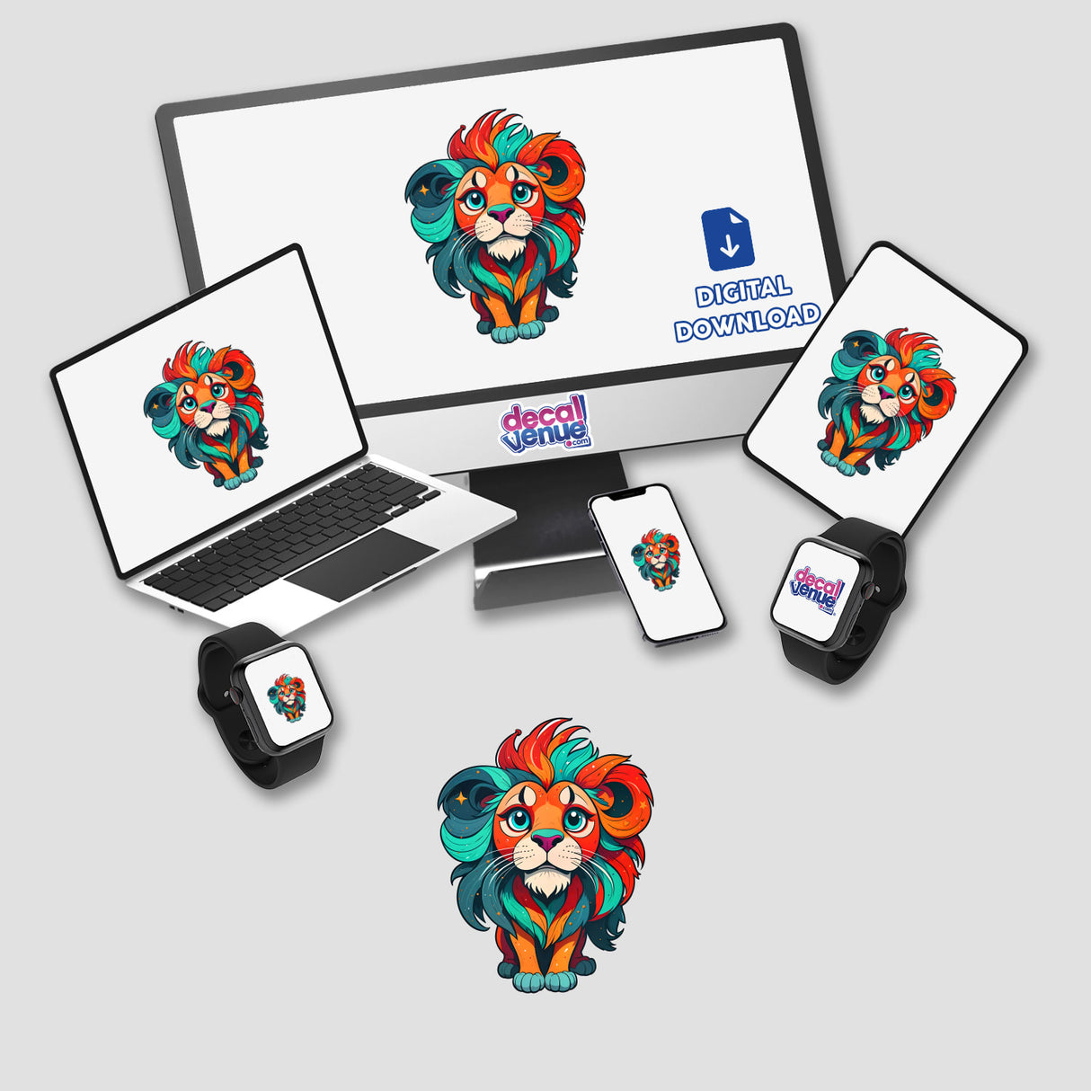 A Cute Little Lion depicted on a computer monitor, laptop, tablet, phone, and smartwatch, available as stickers or digital artwork from Decal Venue.