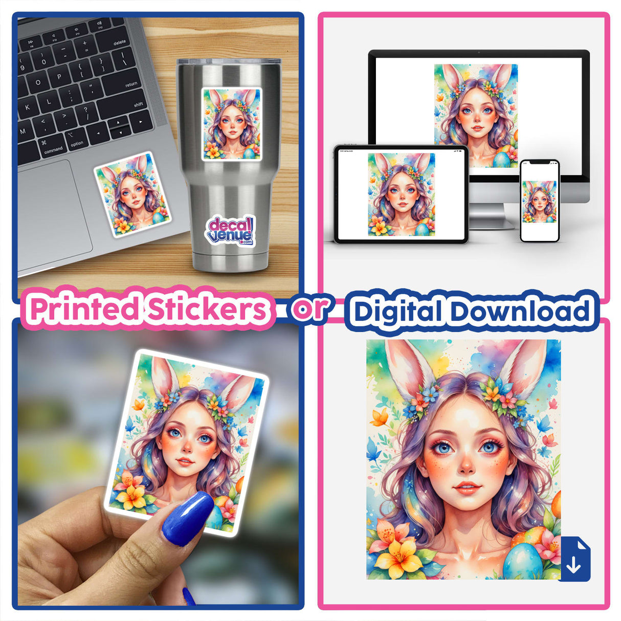 A collage featuring A Cute Easter Bunny Girl with bunny ears and flowers, showcasing stickers and digital art options for Easter-themed decoration from Decal Venue.