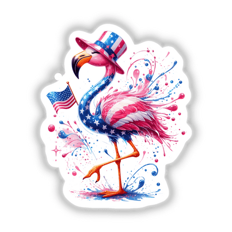 Patriotic Uncle Sam flamingo bird with colorful feathers, American flag, and starry splatter art