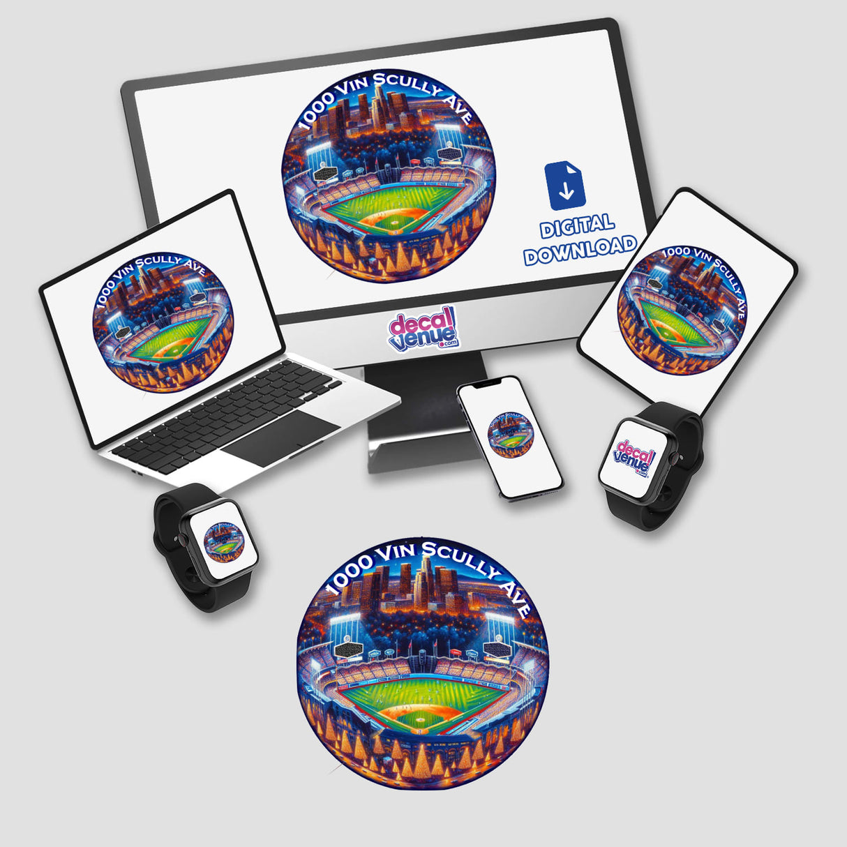 Dodger Stadium from above displayed on a computer monitor and laptop, showcasing a baseball field with a city backdrop. Available as stickers or digital artwork from Decal Venue.