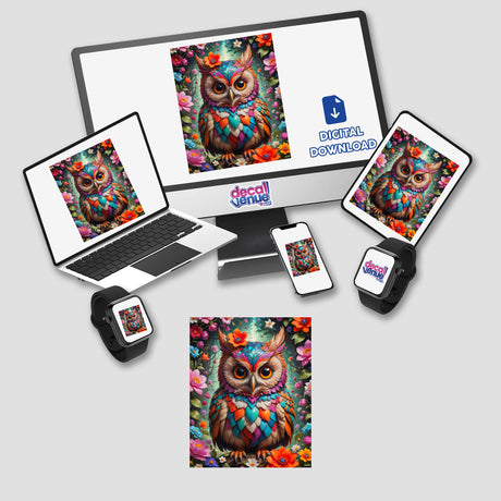 A Lovely Owl With Blooming Flowers displayed on screens, showcasing vibrant owl-themed stickers or digital artwork, perfect for decorating devices.