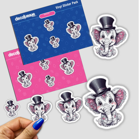 Charming Elephant with Decorative Ears and a Classic Top Hat sticker, featuring a cartoon elephant in a top hat. Part of a sticker pack, available as stickers or digital artwork.