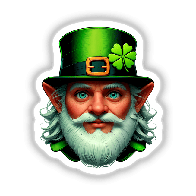 St. Patrick's Day Leprechaun illustration featuring a whimsical, white-bearded character with a green hat adorned with a clover, available as unique stickers or digital artwork.