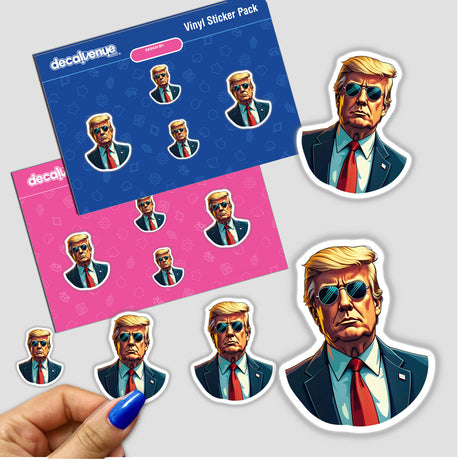 Stickers featuring a cartoon of President Donald Trump wearing sunglasses, held in a hand, available as unique vinyl stickers or digital artwork.