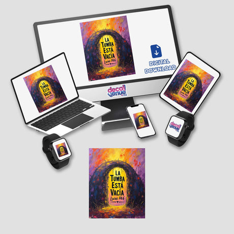 La Tumba Está Vacía Sticker or Clipart with Commercial Rights, featuring Fauvist Easter Design, displayed on devices including a laptop and phone, highlighting its versatility for digital or sticker use.