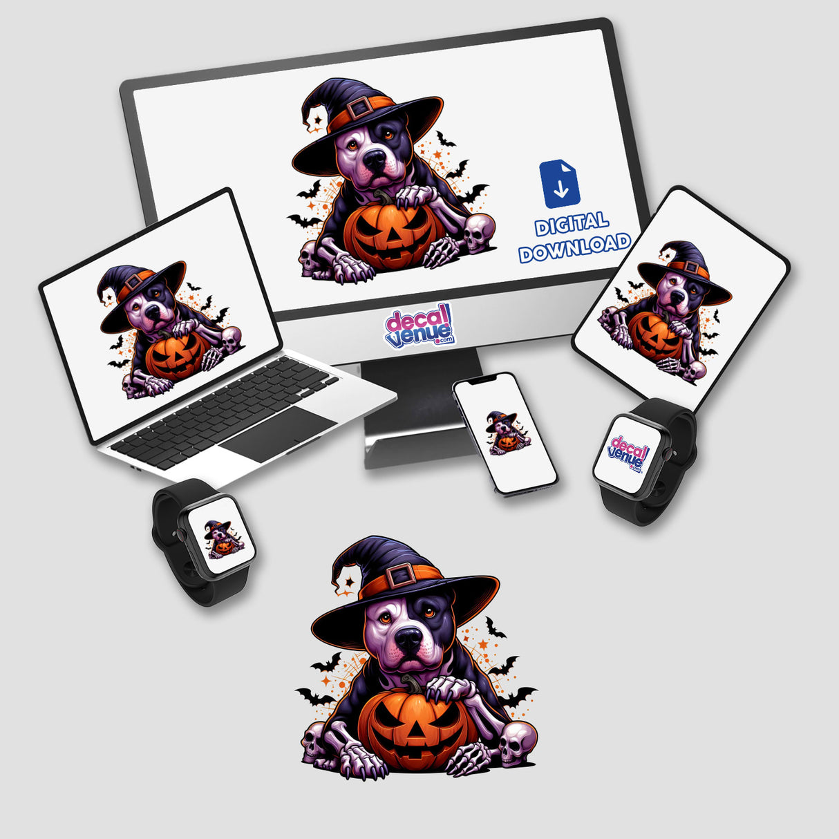 Playful Pitbull in Witch Hat - Digital Artwork from Pittie Pawty at Decal Venue