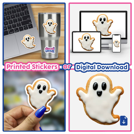 Ghost Shaped Cookie with White Icing and Black Eyes collage, featuring a cookie held by a person, on a laptop, and beside a cup. Available as stickers or digital artwork.