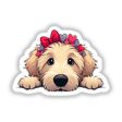 Peeking Goldendoodle w Heart Headband cartoon; dog with heart-adorned headband, available as unique stickers or digital art from Decal Venue.