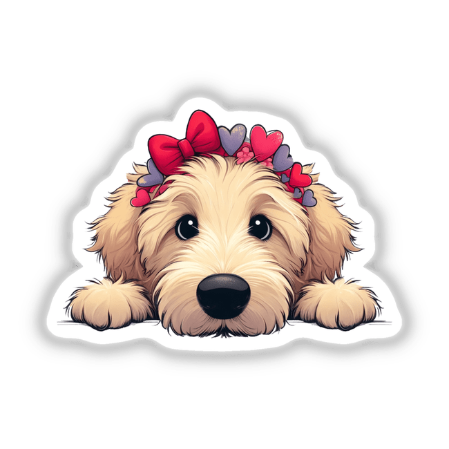 Peeking Goldendoodle w Heart Headband cartoon; dog with heart-adorned headband, available as unique stickers or digital art from Decal Venue.