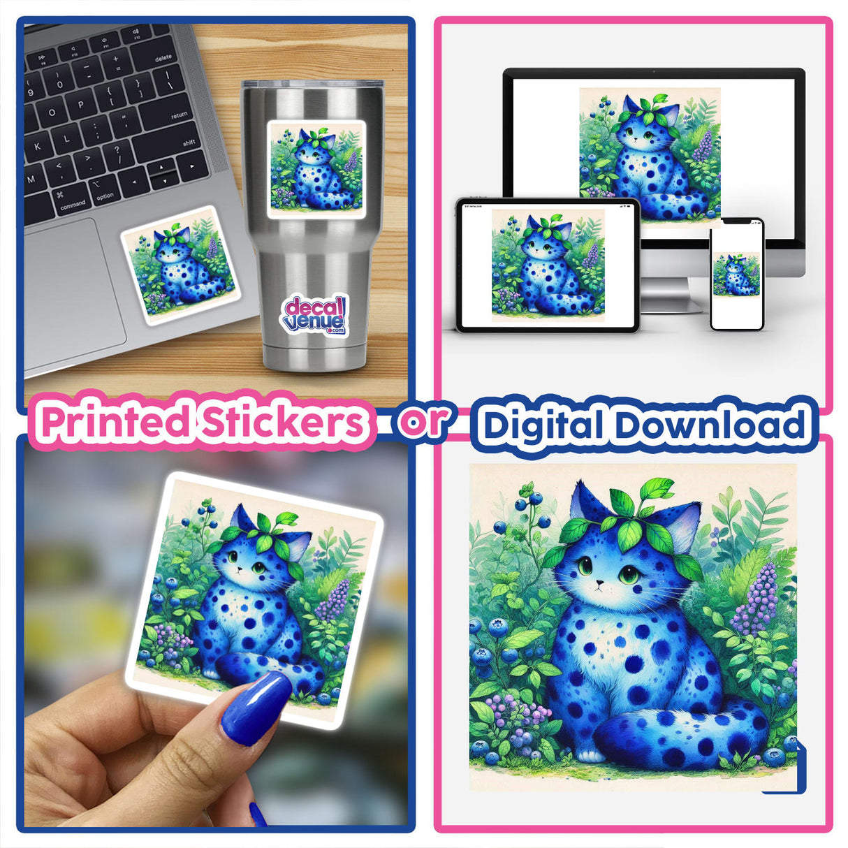 Blueberry Kitten digital artwork featuring a whimsical blue cat adorned with green leaves, available as stickers or digital art. Perfect for adding a playful touch to your collection.