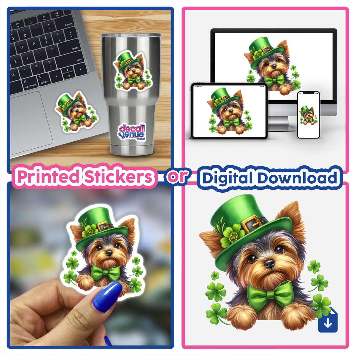 St Patricks Day Irish Yorkie Dog featured in a collage, wearing a hat and bow tie, available as unique vinyl stickers or digital artwork from Decal Venue.