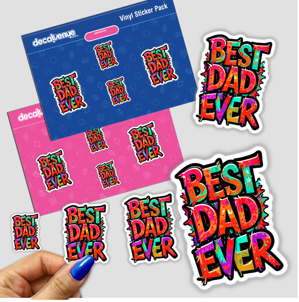 Sticker pack featuring Best Dad Ever text, showcasing a unique design typical of Decal Venue's offerings. Available as physical stickers or digital artwork, emphasizing creative graphic design elements.