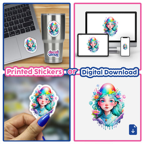 Sticker Design: Dreamy Magical Portrait of a Woman features a collage of a cartoon girl adorned with flowers and a hat, showcased on a laptop and digital devices.