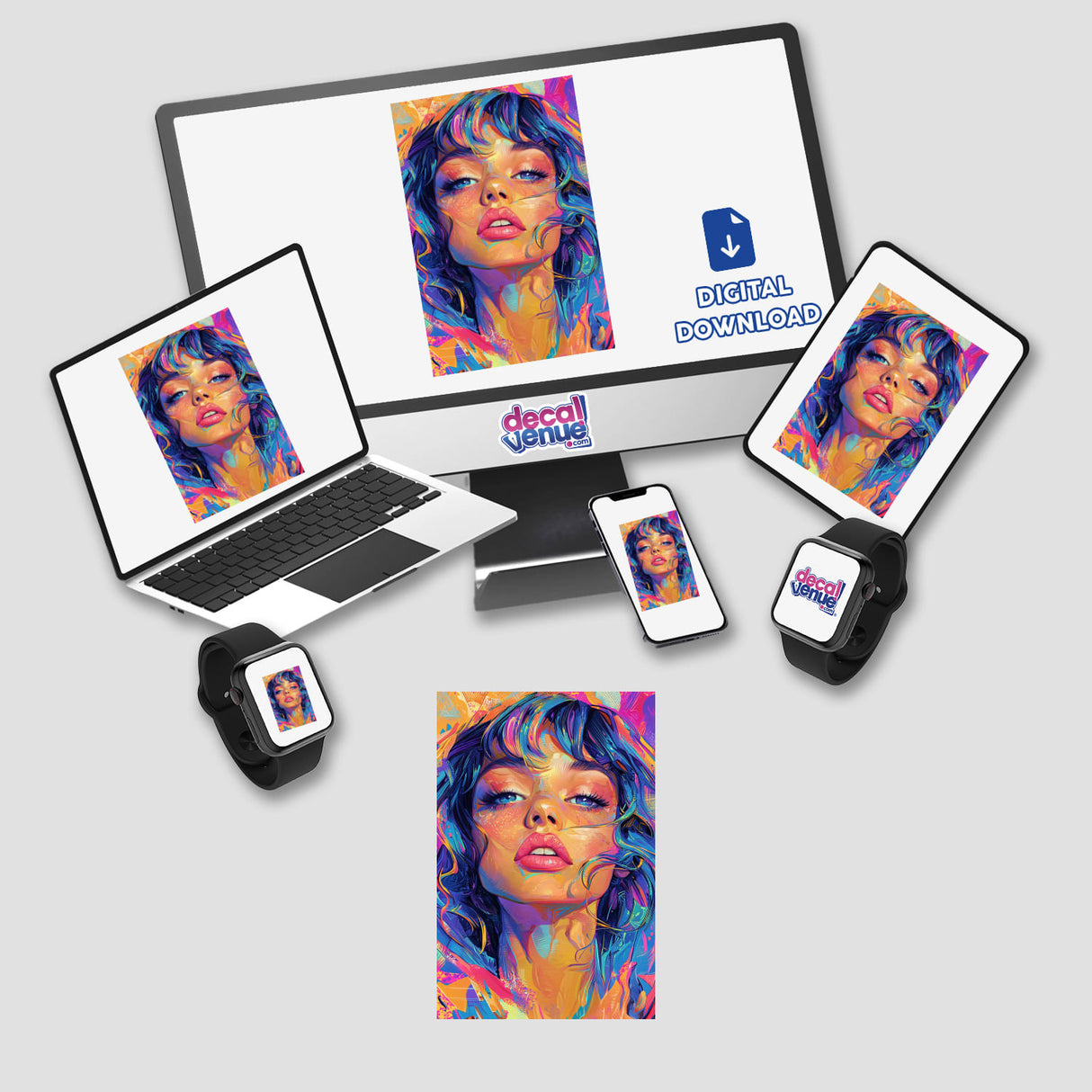 Beautiful woman featured on a computer monitor and laptop screen, available as unique stickers or digital artwork, capturing vibrant, artistic expression from Decal Venue's exclusive collection.