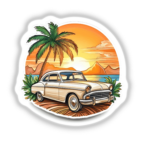 Classic car in sunset landscape with palm trees