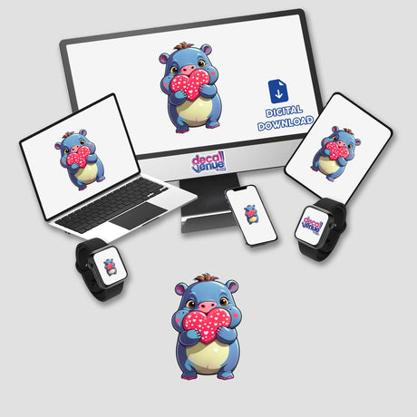 A digital artwork featuring a cute pygmy hippo holding love hearts, available as stickers or digital downloads from Decal Venue, showcasing unique cartoon designs on various devices.