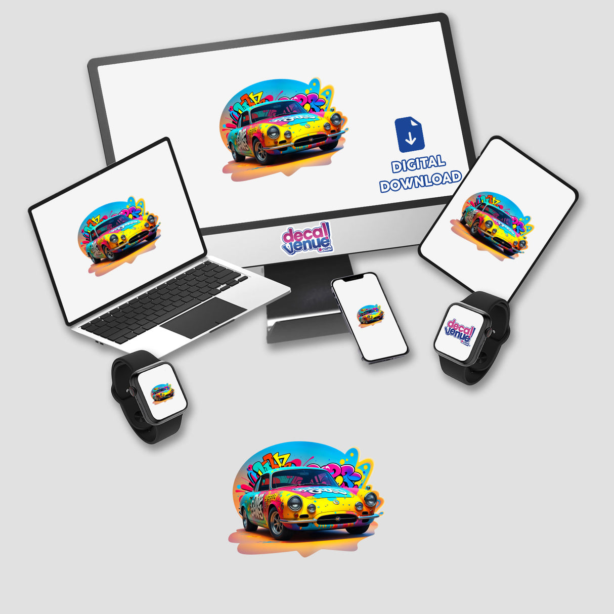 A Classic Graffiti Car depicted on a laptop and smart watch, showcasing vibrant street art. Available as stickers or digital artwork from Decal Venue, known for unique visual expressions.