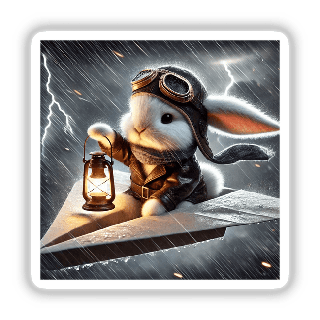 Snowflake, The Paper Aviator: A whimsical cartoon rabbit wearing goggles and a pilot hat, flying a paper plane while holding a lantern. Available as stickers or digital artwork.