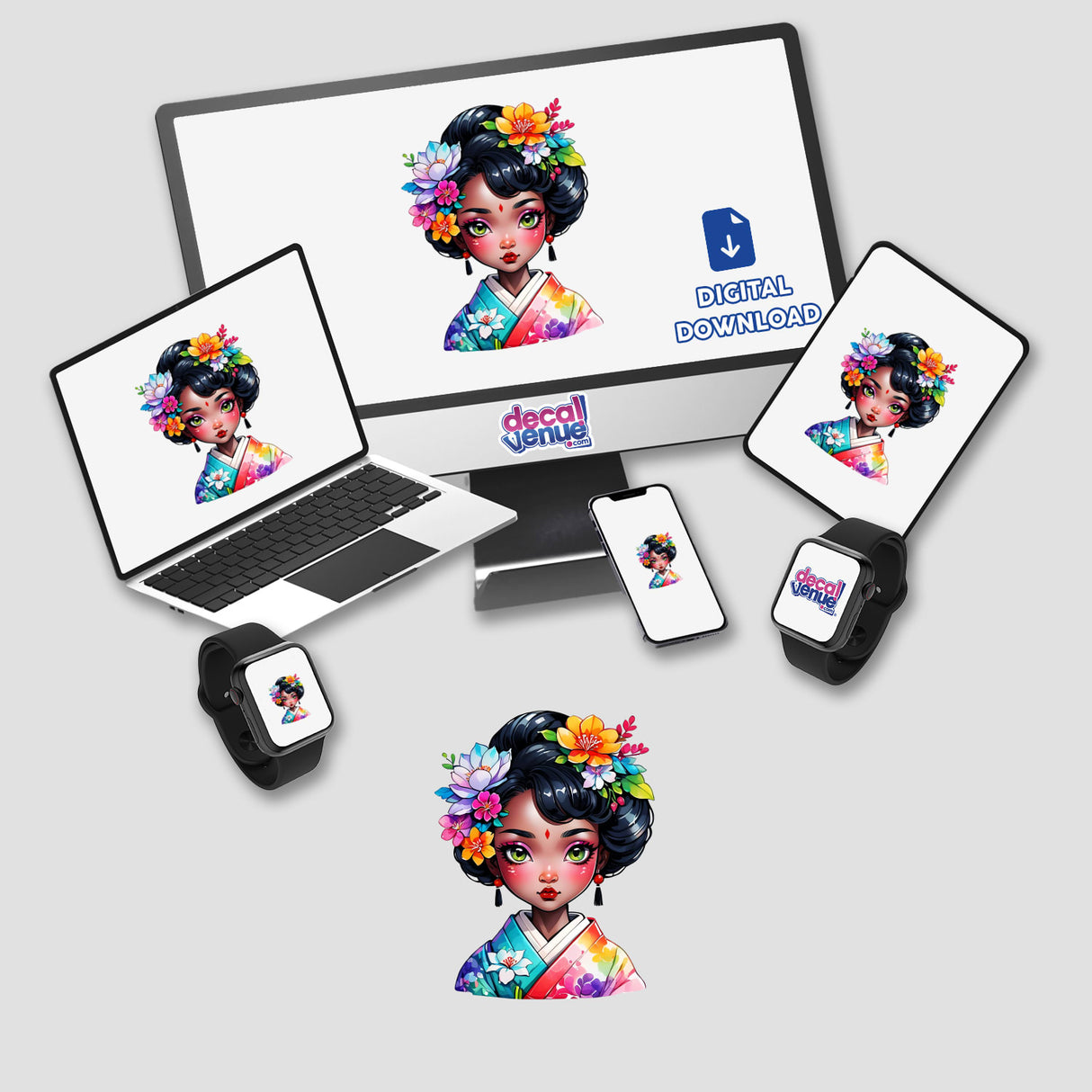 Charming Geisha: Adorable Sticker Art featuring a cartoon woman with flowers in her hair displayed on a computer monitor, laptop, tablet, smartphone, and smartwatch. Available as stickers or digital artwork.