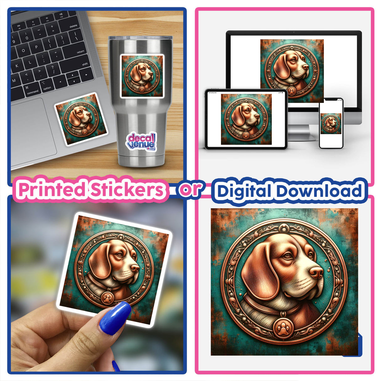 Colorful beagle dog illustration in decorative frame sticker or digital download artwork on laptop, phone, tumbler, and hand.