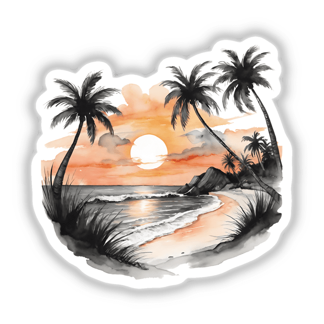 Palm Tree Beach Sunset PA07: A watercolor painting depicting a serene beach with palm trees silhouetted against a vibrant sunset, available as stickers or digital artwork.