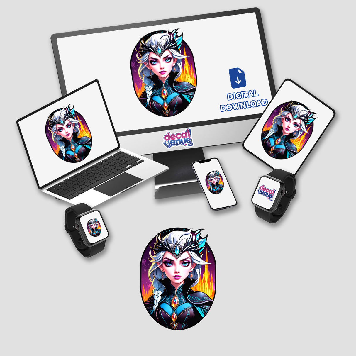 An Evil Queen Anime Girl displayed on a computer monitor, laptop, tablet, and smartwatch, highlighting its availability as unique stickers or digital artwork from Decal Venue.