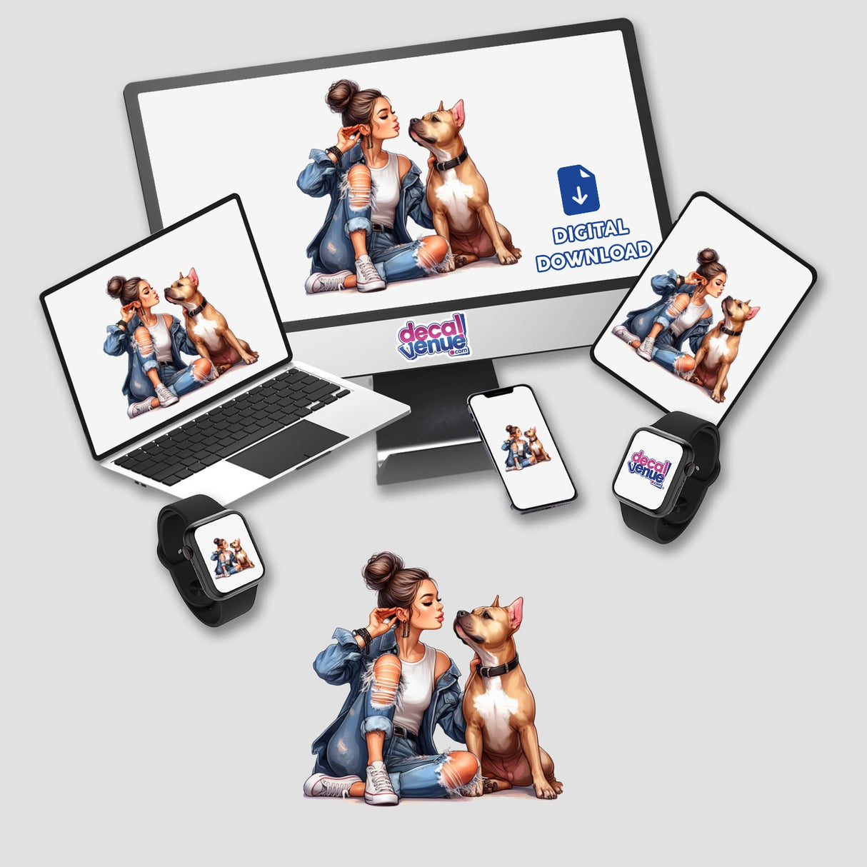 Stylish woman and her adorable pit bull featured in digital artwork available for download at Decal Venue, an online store offering unique stickers and digital art.