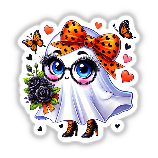 Cute Ghost with Orange Bow illustration featuring a cartoon character with glasses and a bow, available as stickers or digital artwork.