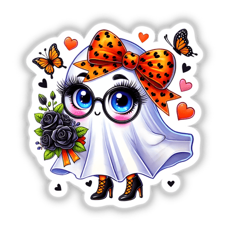 Cute Ghost with Orange Bow illustration featuring a cartoon character with glasses and a bow, available as stickers or digital artwork.