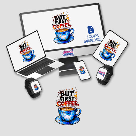 But First Coffee Quote displayed on a computer monitor and laptop, accompanied by coffee imagery. Available as stickers or digital artwork.