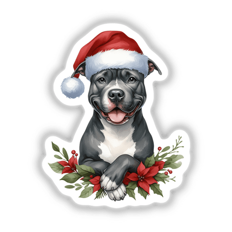 Poinsettia Pitbull Santa Dog: A pitbull wearing a Santa hat, surrounded by red poinsettia flowers, featured as a sticker or digital artwork. Ideal for holiday-themed decor.