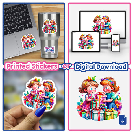 Christmas Surprise: Cute Kids with Presents Sticker featuring a collage of cartoon girls holding gifts, seen applied on laptops, phones, and other surfaces. Available as Stickers or Digital Artwork.