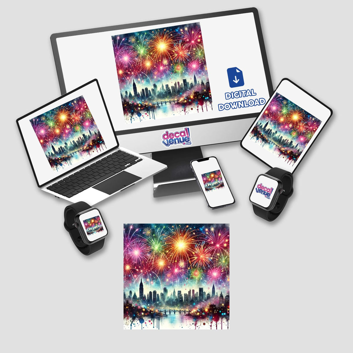 New Year’s Sparkle - Fireworks Over a Cityscape: A computer monitor and laptop display vibrant fireworks exploding over a city, available as stickers or digital artwork.