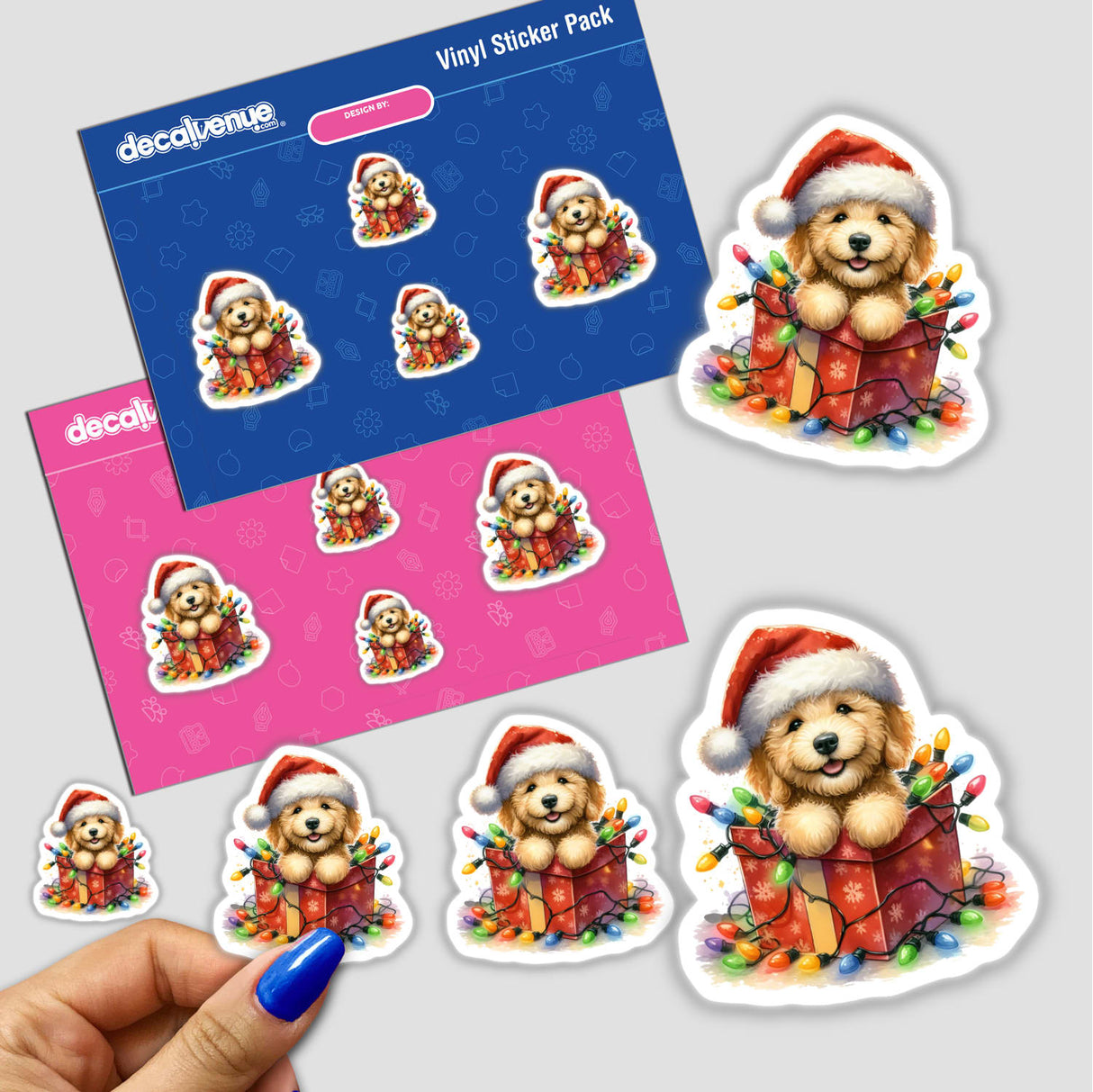 Christmas Lights Santa Golden Doodle Dog in Gift Box sticker, featuring a cartoon dog with a Santa hat surrounded by festive lights, available as stickers or digital artwork.