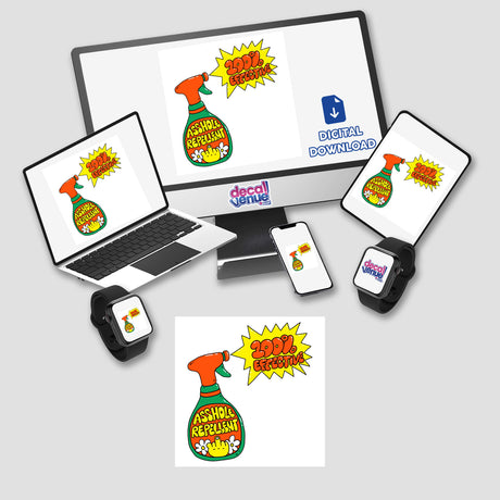 A**hole Repellent design displayed on a computer monitor and laptop screen, featuring a spray gun graphic. Available as unique vinyl stickers or digital artwork from Decal Venue.