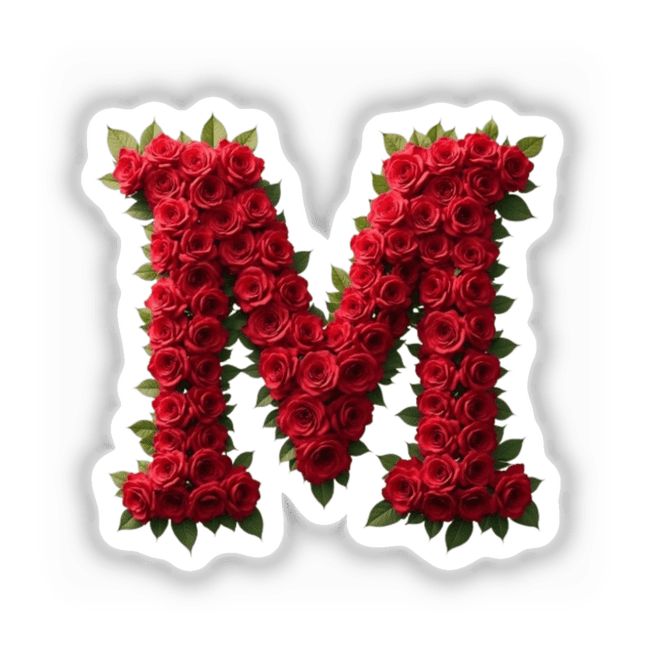 Elegant Floral Letter M Clipart - Downloadable Sticker with Commercial Rights; features a letter M intricately crafted from red roses, highlighting detailed petals and leaves.