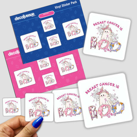 Gold Breast Cancer Series 10 stickers featuring a cartoon ghost with pink text, shown in a close-up with a hand holding one sticker. Available as Stickers or Digital Artwork.