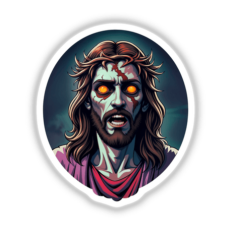 Cartoon depiction of Jesus Christ as a zombie, featuring long hair, a beard, and orange eyes, available as unique vinyl stickers or digital artwork.